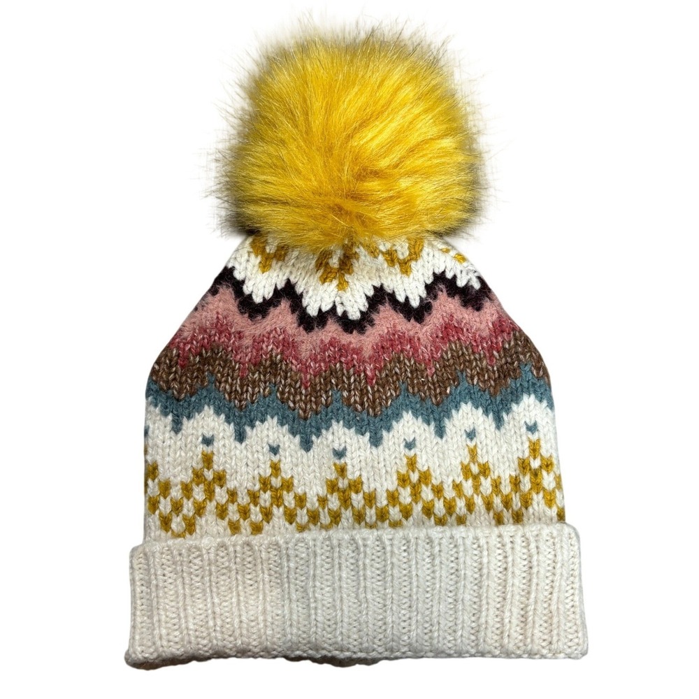 LOFT Fair Isle Knit Beanie Hat Yellow Faux Fur Pom Pom Cream Multi Color